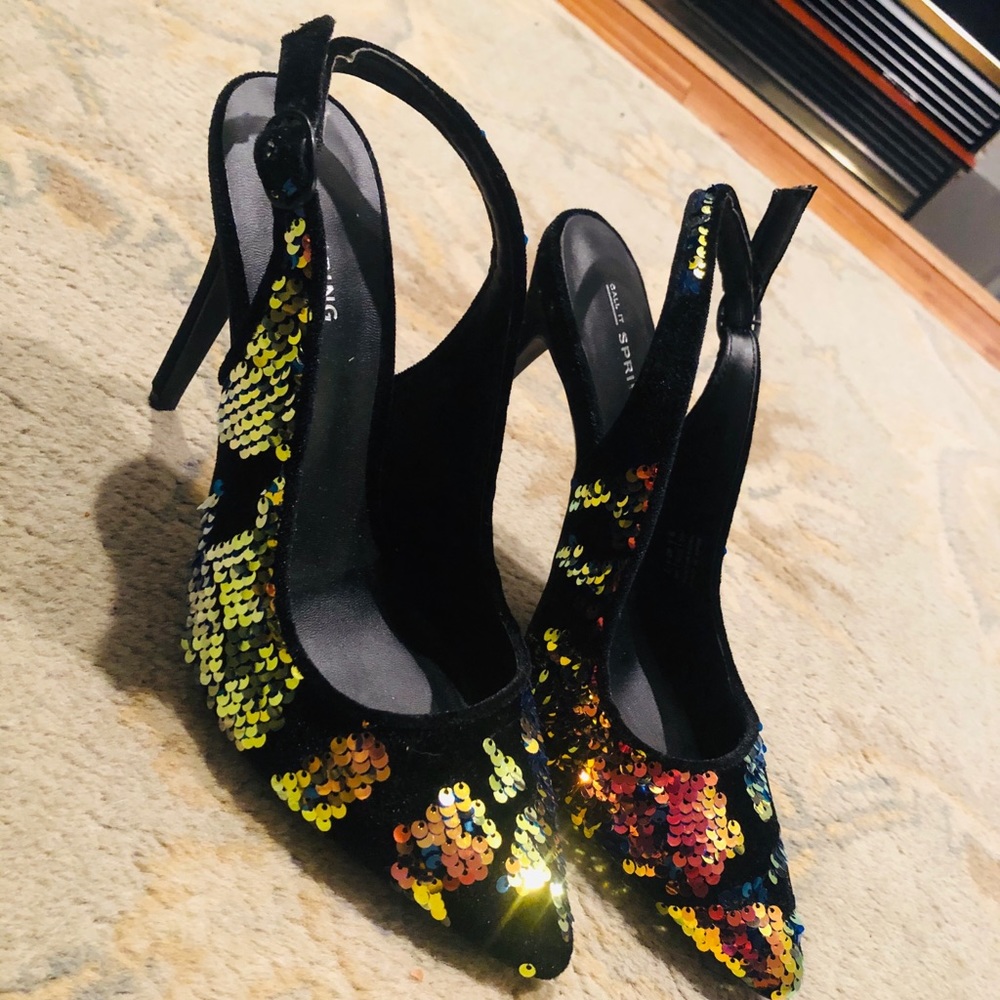 Black velvet sequin sling back heels